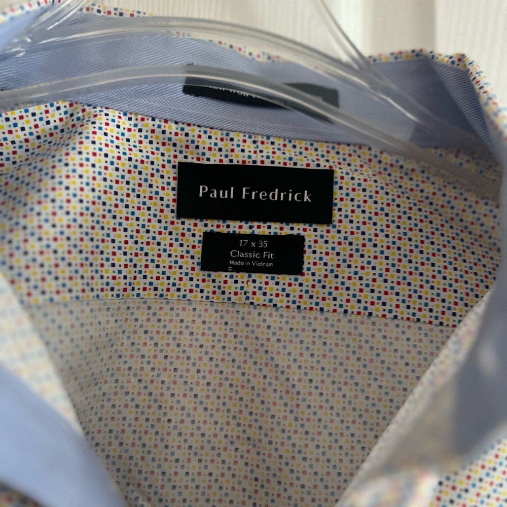 17 x 35 Paul Fredrick dress shirt in white checkered pattern.